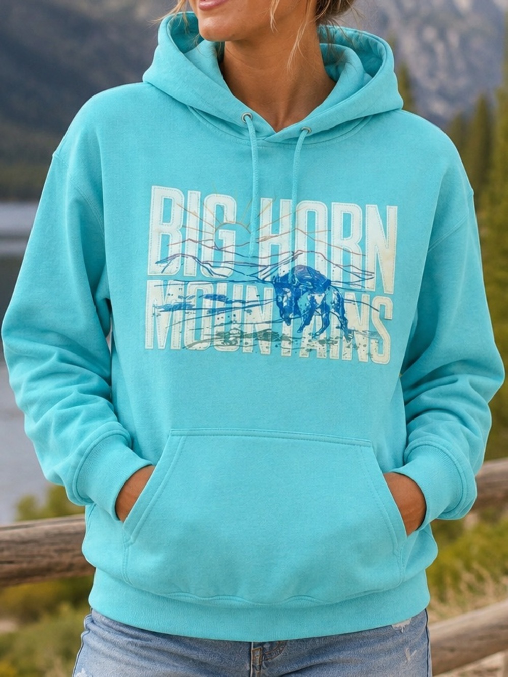 MV Sport Big Horn Mountains Graphic Hoodie Turquoise Blue Size Medium NWT